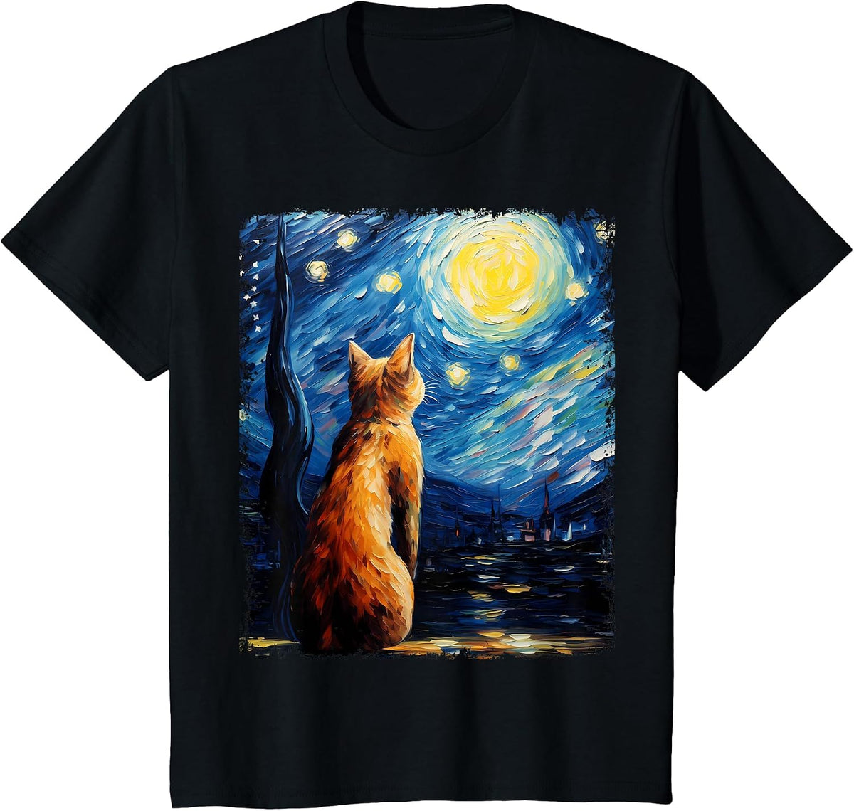 Abyssinian Orange Cat Starry Night Painting T-Shirt - Black