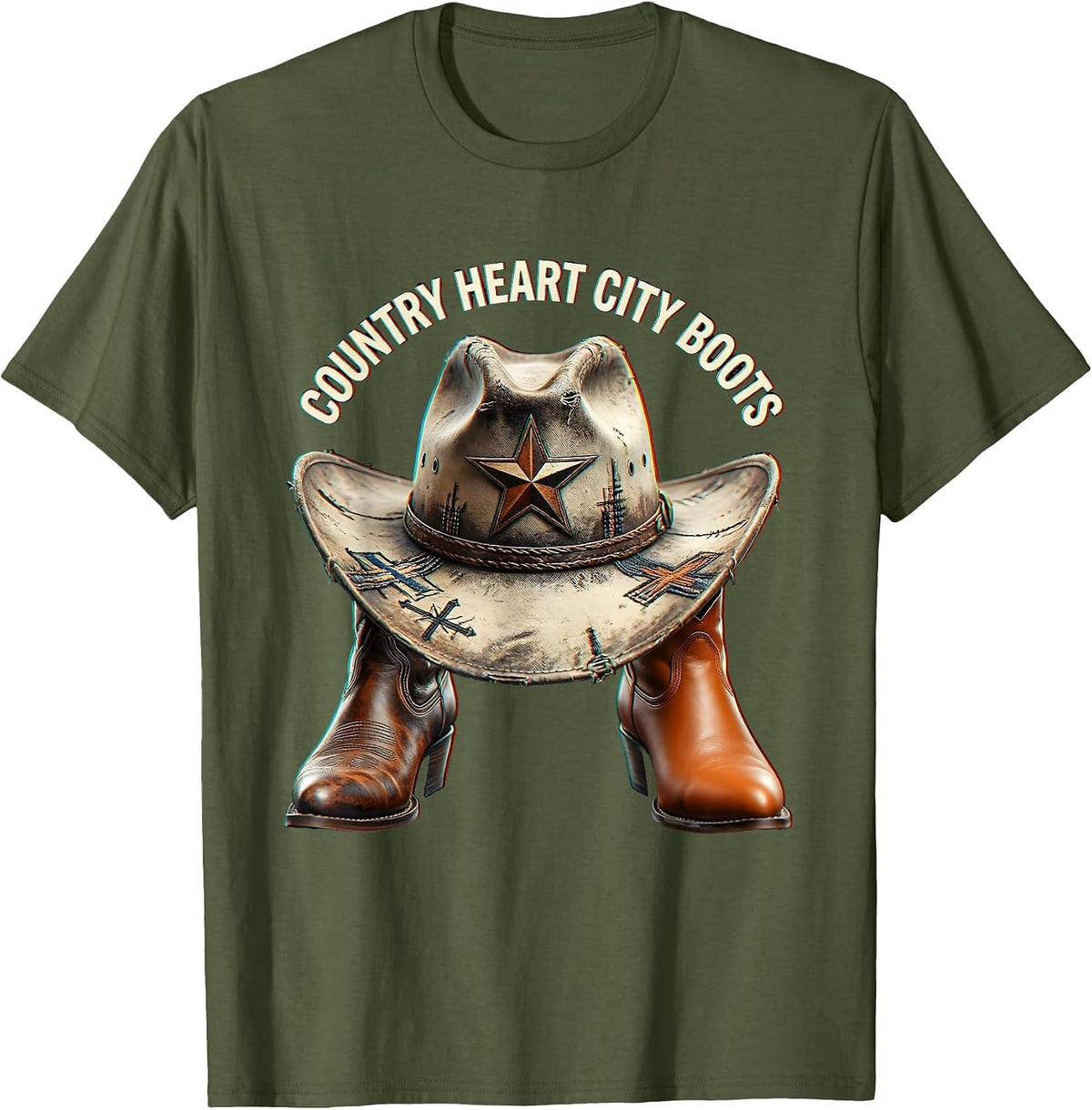 Country Heart City Boots Cowboy Design T-Shirt - Olive Green
