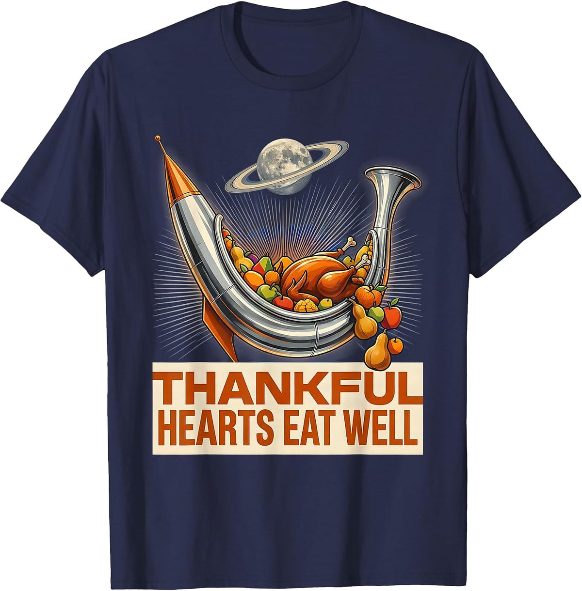 Men's Thankful Hearts Eat Well Thanksgiving Design T-Shirt - Navy Blue