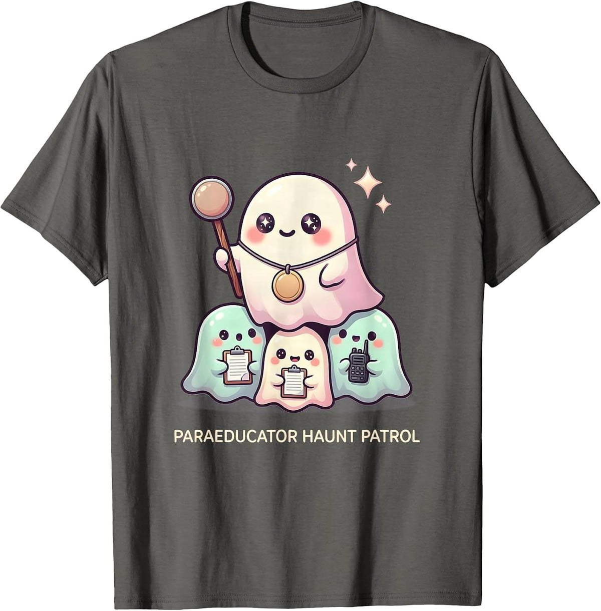 Men's Paraeducator Haunt Patrol Cute Kawaii Ghost Paraeducator T-Shirt - Asphalt Grey