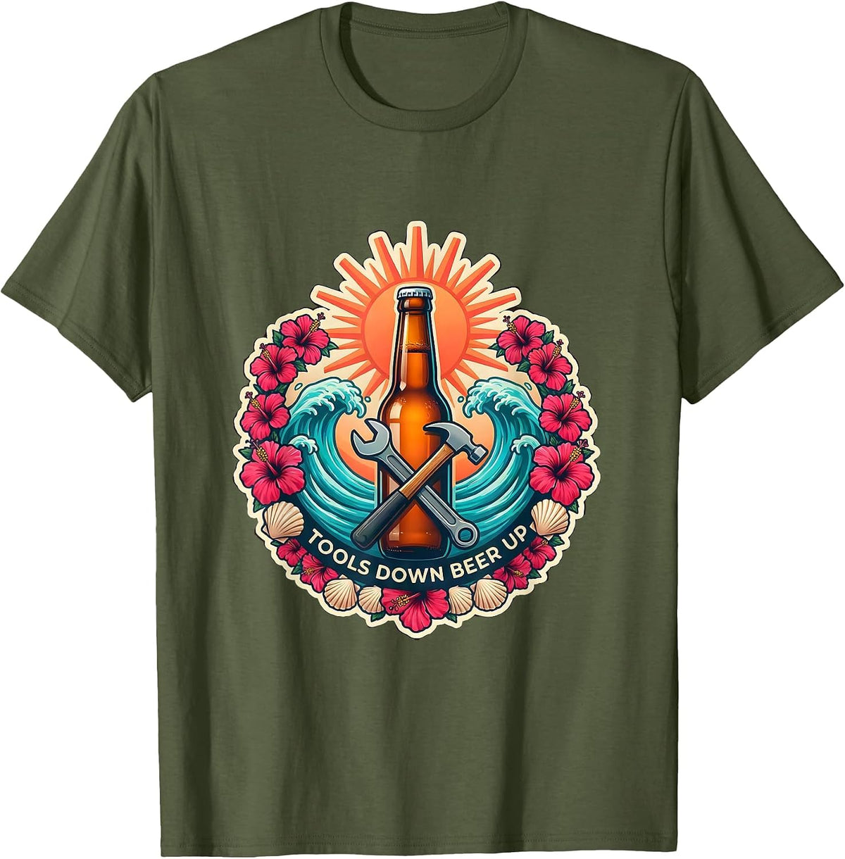 Men's Tools Down Beer Up Blue Collar Worker Design T-Shirt - Olive Green