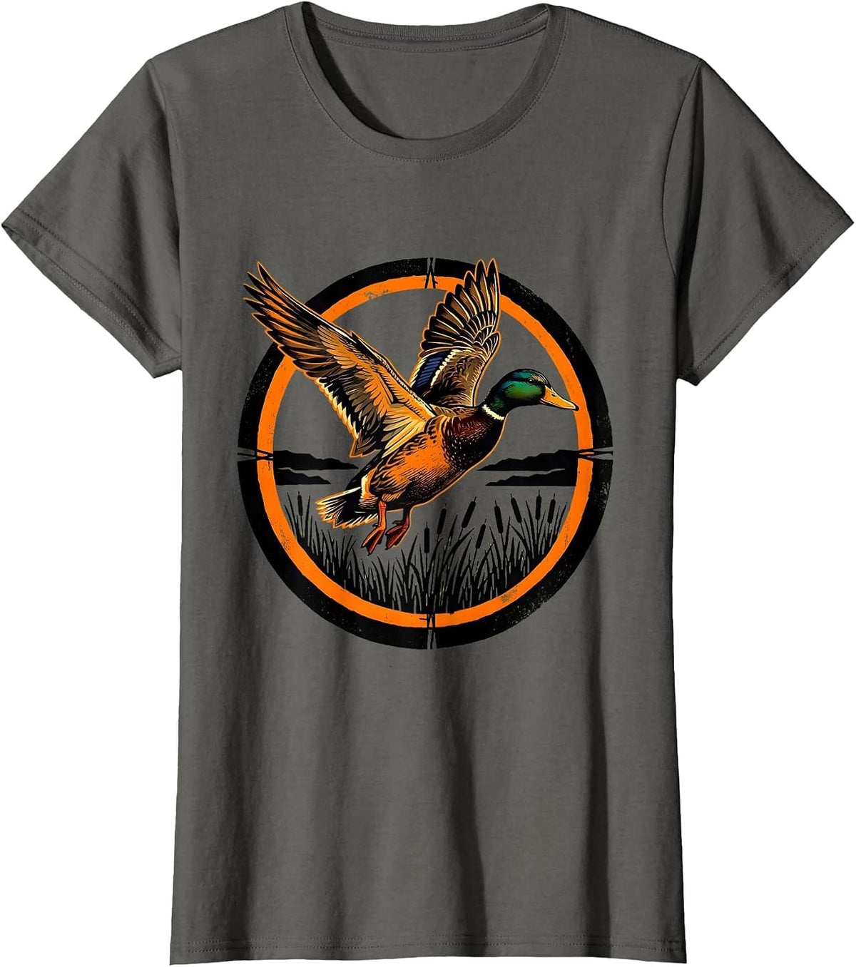 Women's Camo Duck Flying Over Marsh Reeds Illustration T-Shirt - Asphalt Grey