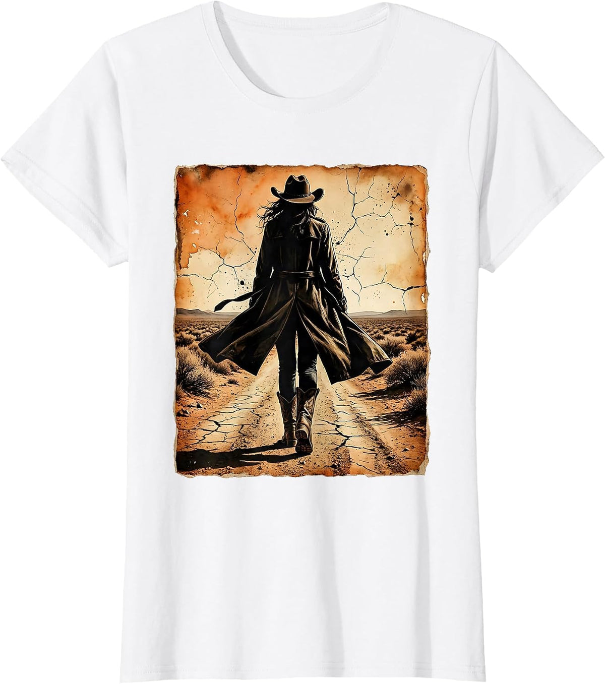 Cowboy Duster Coat Dusty Trail Walking Graphic T-Shirt - White