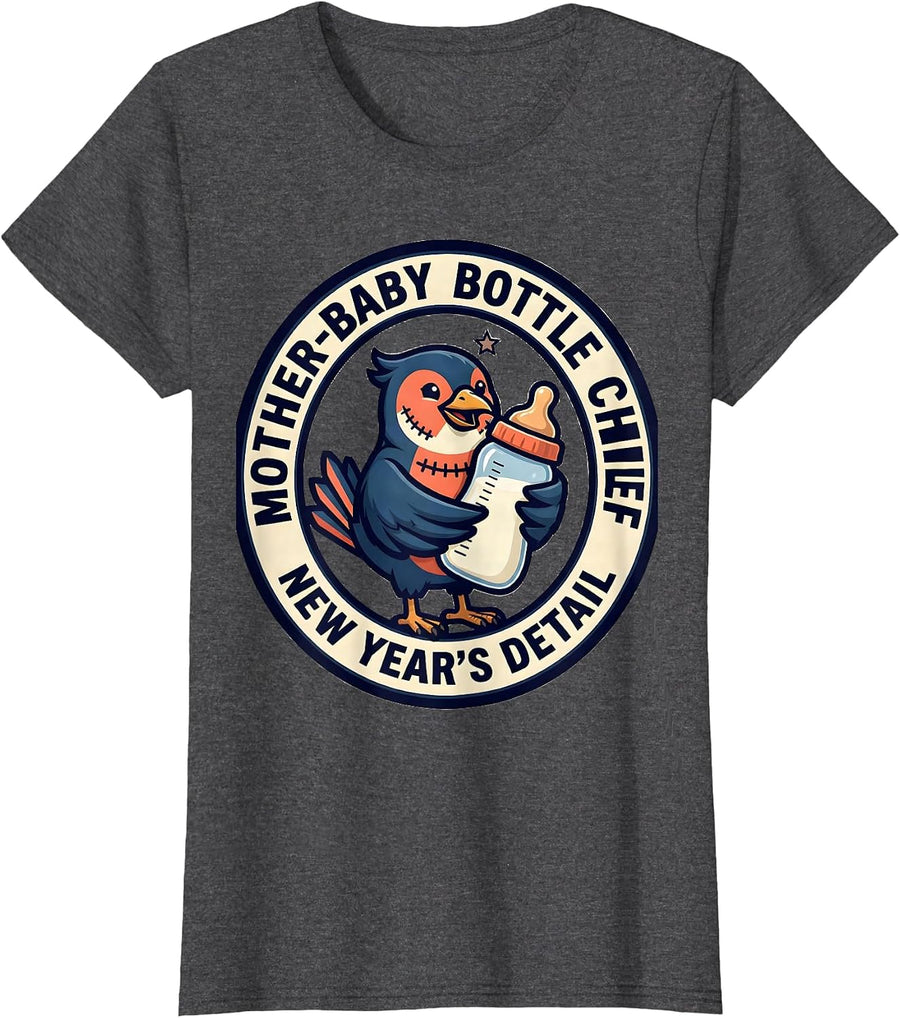 Women's Mother-Baby Bottle Chief, New Year's Detail Nurse T-Shirt - Dark Heather Grey