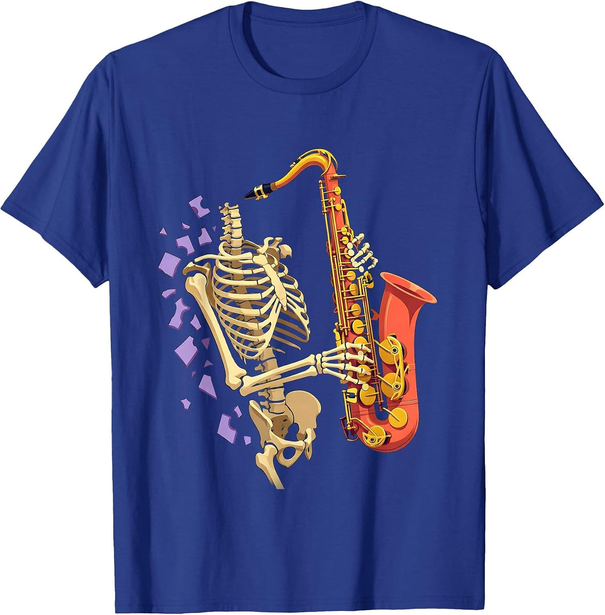 Skeleton Saxophonist Flat Vector Halloween Musician Costume T-Shirt - Royal Blue