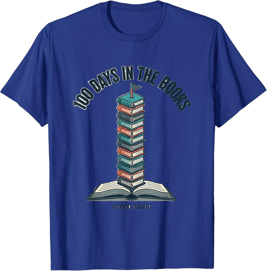 100 Days In The Books Reading Teacher Cheerful 100th Day T-Shirt - Royal Blue