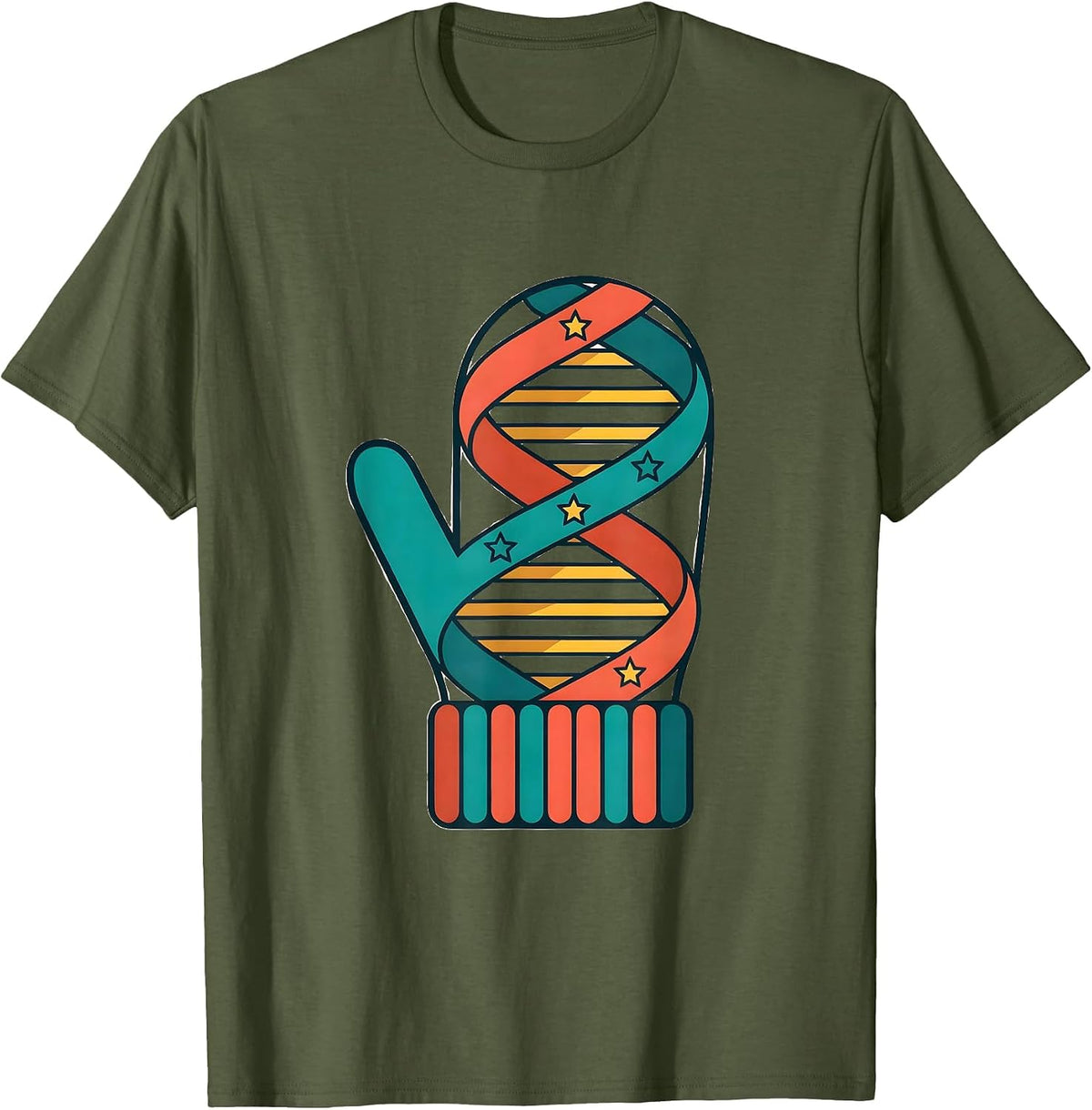 DNA Helix Christmas Mitten Science Teacher Humor T-Shirt - Olive Green