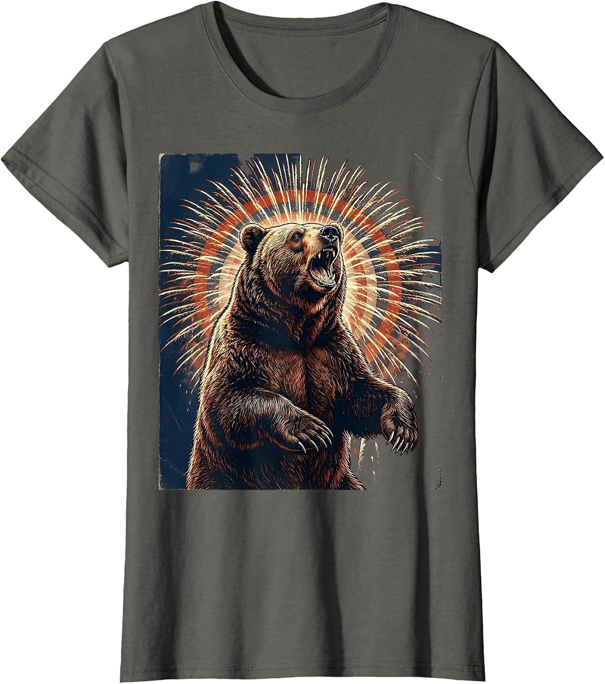 Women's Red White Blue Roaring Bear Firework Burst T-Shirt - Asphalt Grey