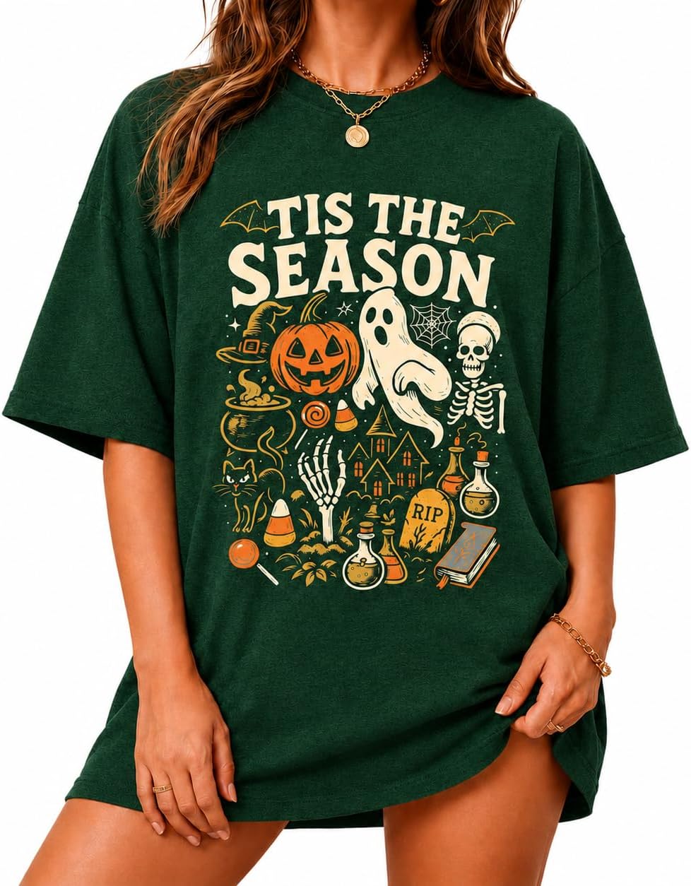 Women’s Halloween Shirt Spooky Graphic Tee Pumpkin Ghost Fall Oversized Top - Green