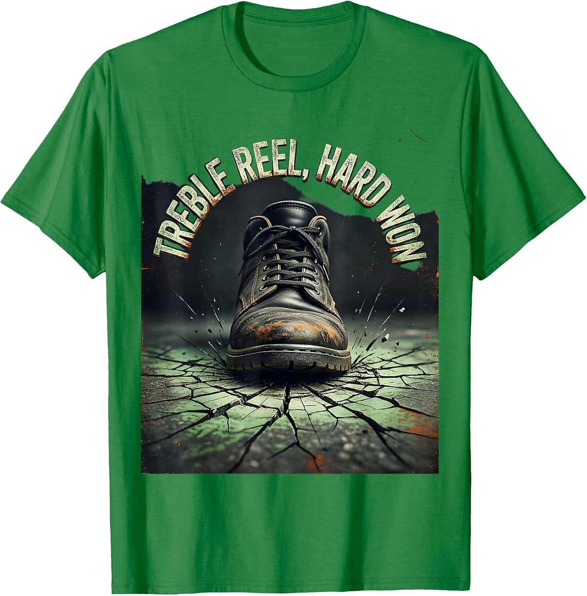 Men's Treble Reel, Hard Won Distressed Irish Heritage St Patricks T-Shirt - Kelly Green