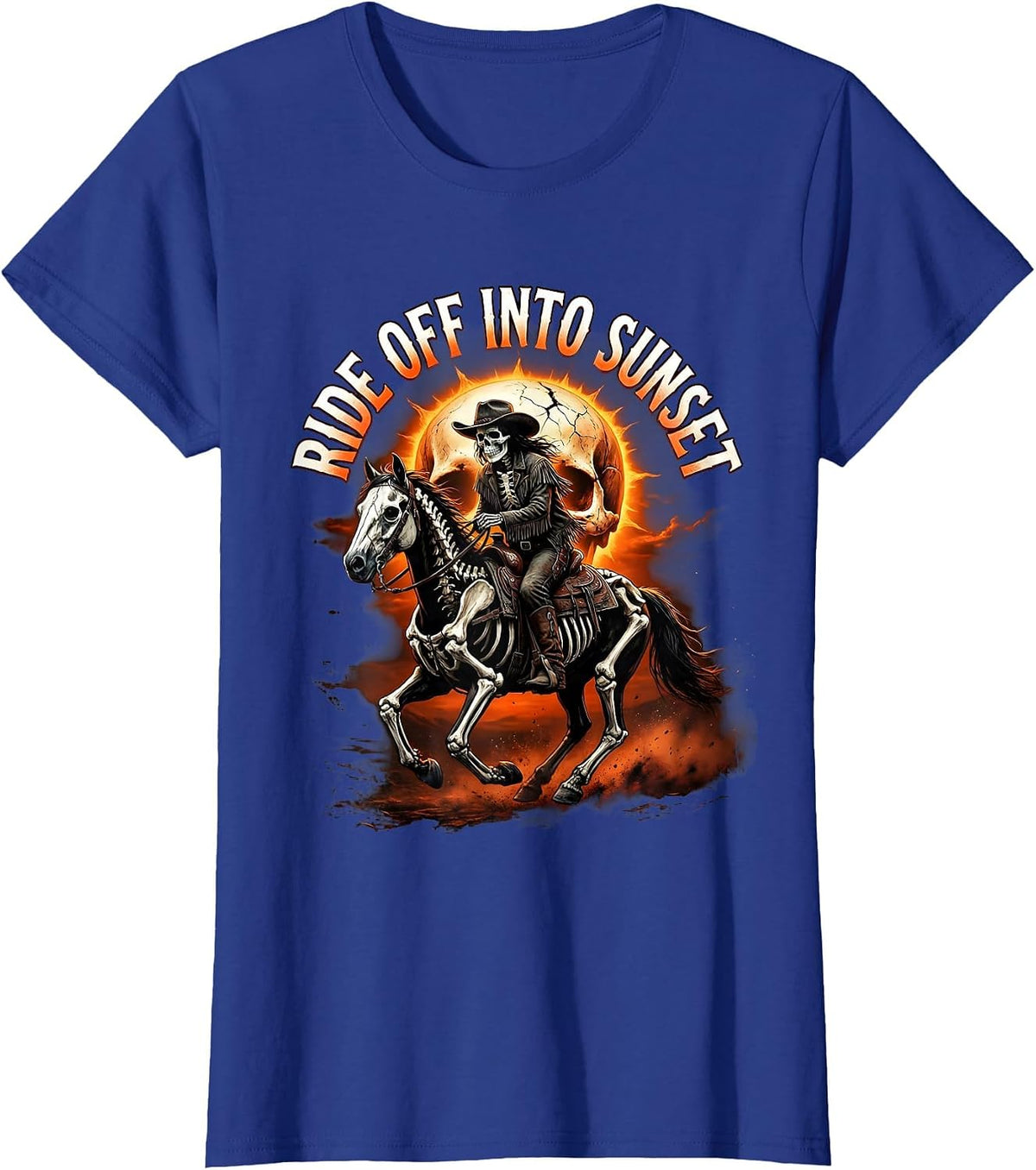 Women's Ride Off Into Sunset White Cowgirl Design T-Shirt - Royal Blue