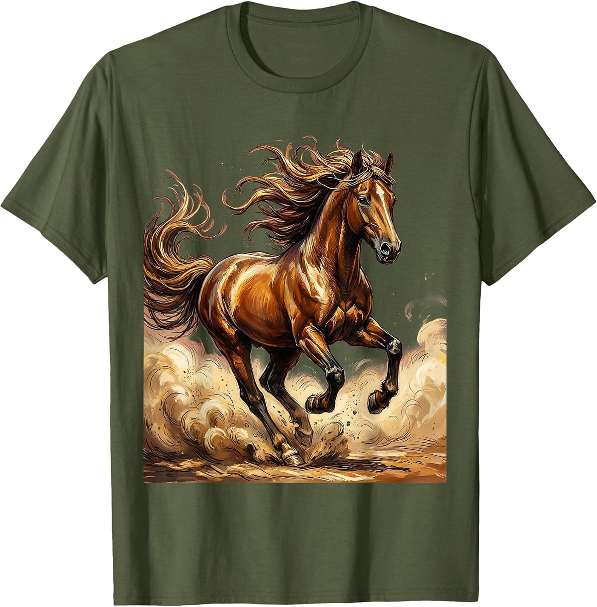 Running Horse Flowing Mane Rodeo Graphic Tee T-Shirt - Olive Green