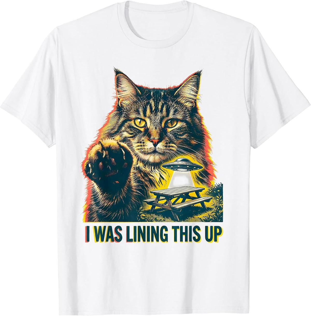 Men's I Was Lining This Up Risograph Funny Cat UFO Meme Novelty T-Shirt - White