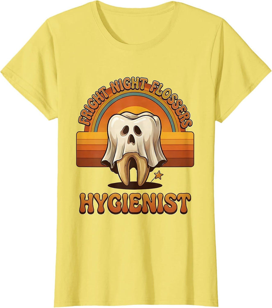 Women's Fright Night Flossers Hygienist Retro Dental Squad Halloween T-Shirt - Lemon Yellow