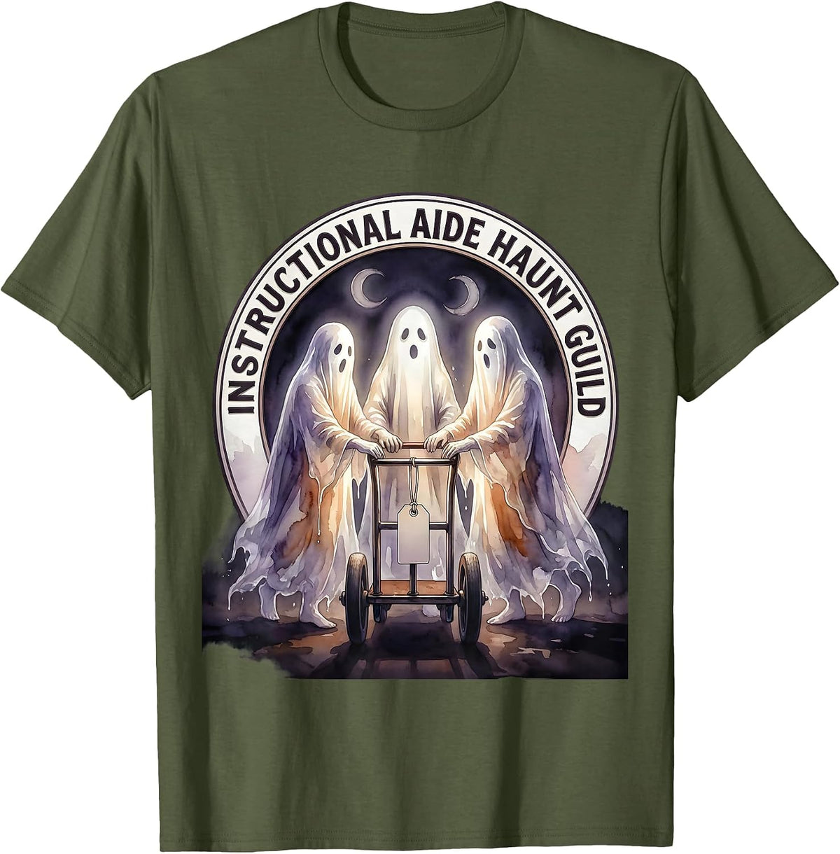 Instructional Aide Haunt Guild Watercolor Ghost Para Normal T-Shirt - Olive Green