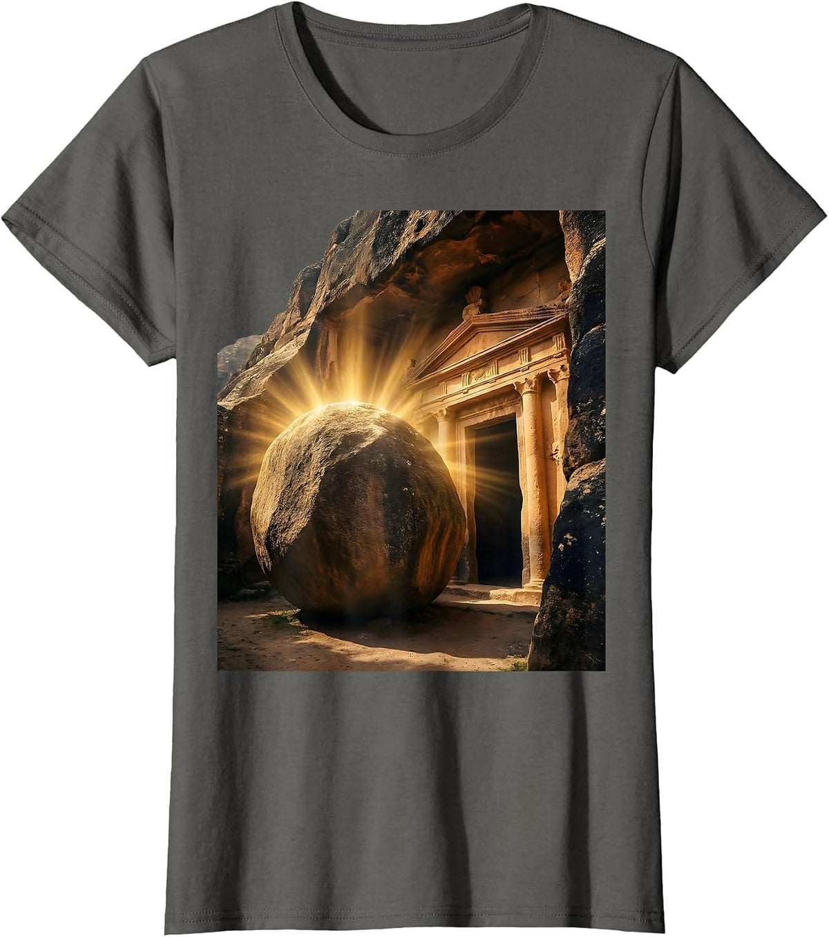 Women's Jesus Stone Tomb Sealed Boulder Illustration T-Shirt - Asphalt Grey