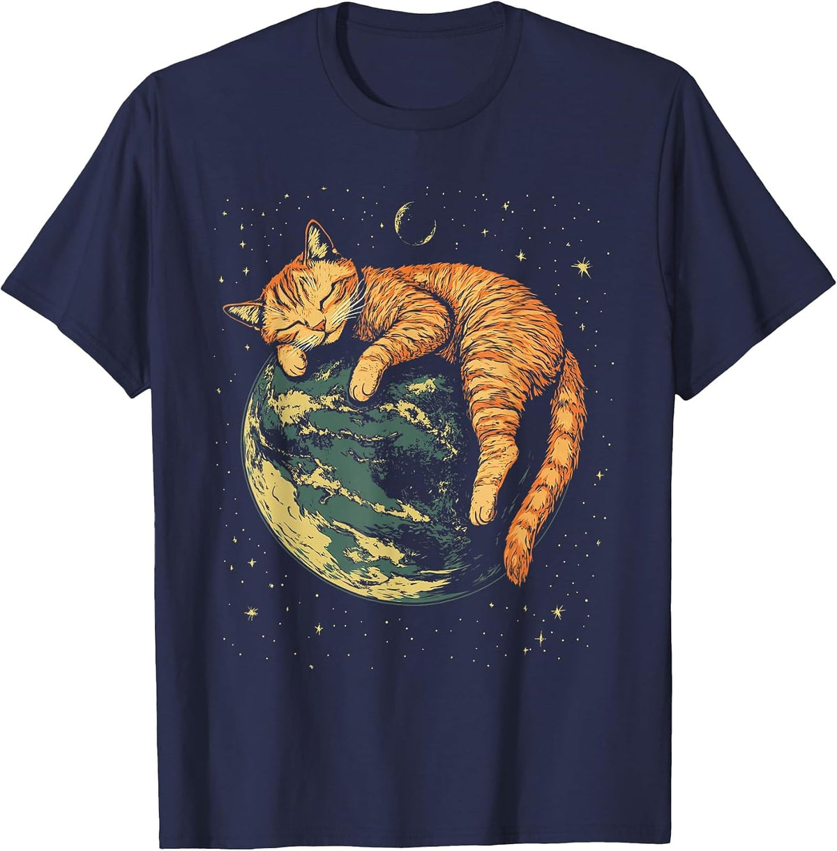 Lazy Orange Cat in Space T-Shirt - Navy Blue