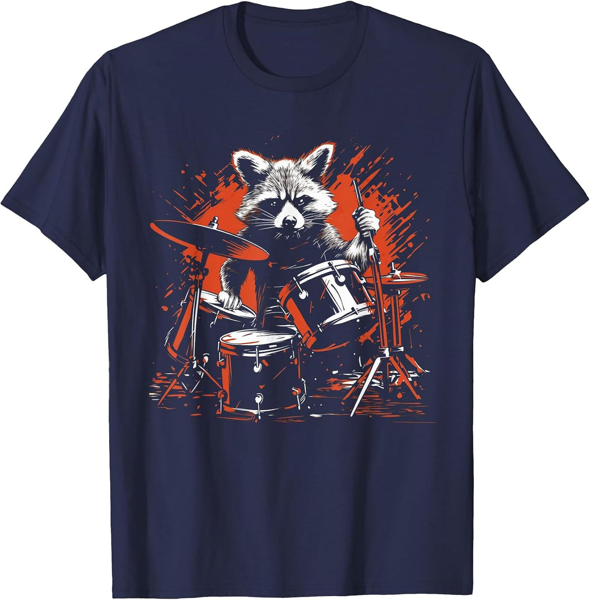 Drummer Raccoon Playing Drums Funny Drumming Raccoon Lover T-Shirt - Navy Blue