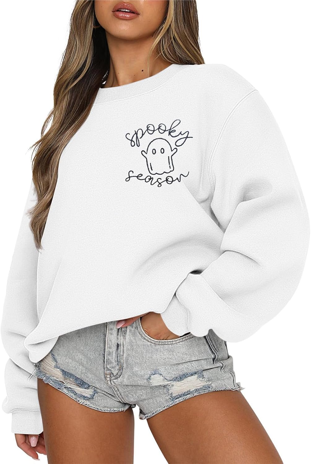 Women's Halloween Sweatshirt, Spooky Season Graphic Crewneck Top - White-halloween