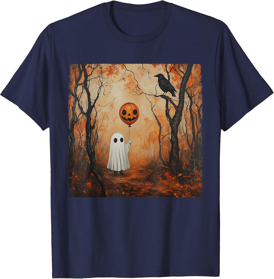 Vintage Ghost Pumpkin Gothic Halloween Ghost Spooky Season T-Shirt - Navy Blue