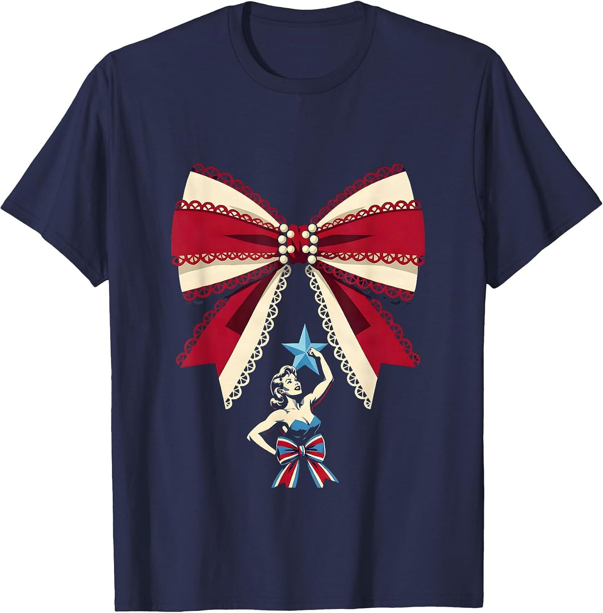 Retro Flexing Star Tattoo Red White Blue Design T-Shirt - Navy Blue