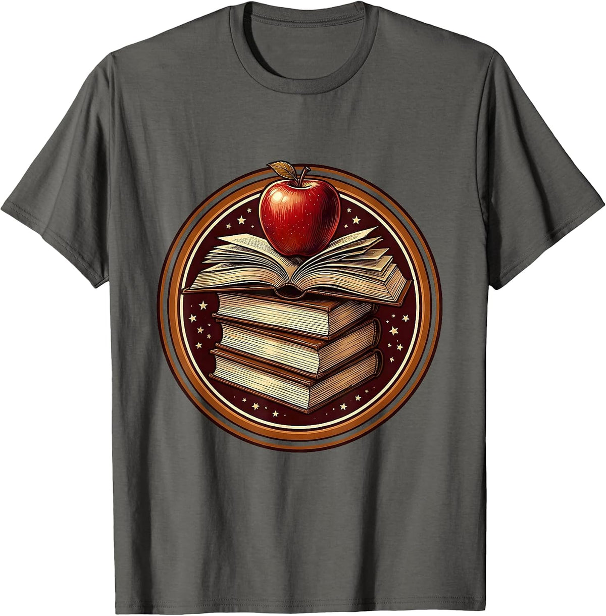 Men's Teacher Apple and Books Illustration Design T-Shirt - Asphalt Grey