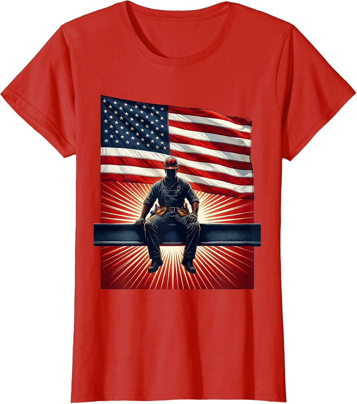 Ironworker Silhouette on Steel Beam Graphic T-Shirt - Red