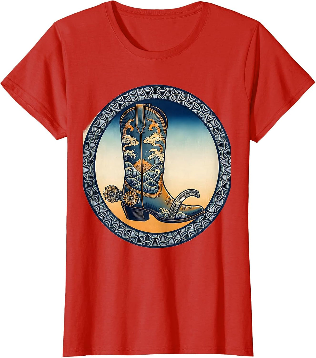 Women's Cowboy Boot Horseshoe and Spurs Western Graphic T-Shirt - Red