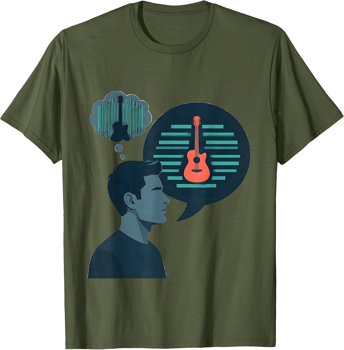 Men's Musician Inner Monologue Flat Vector Guitarist Humor T-Shirt - Olive Green
