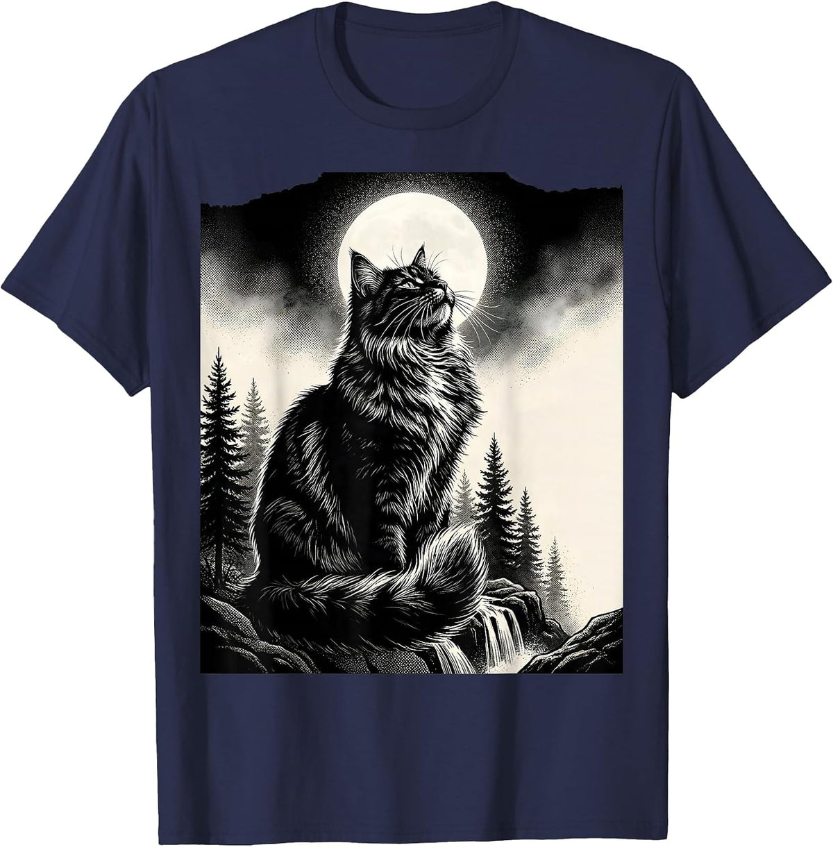 Men's Norwegian Forest Cat Howling at Moon Retro Fantasy T-Shirt - Navy Blue