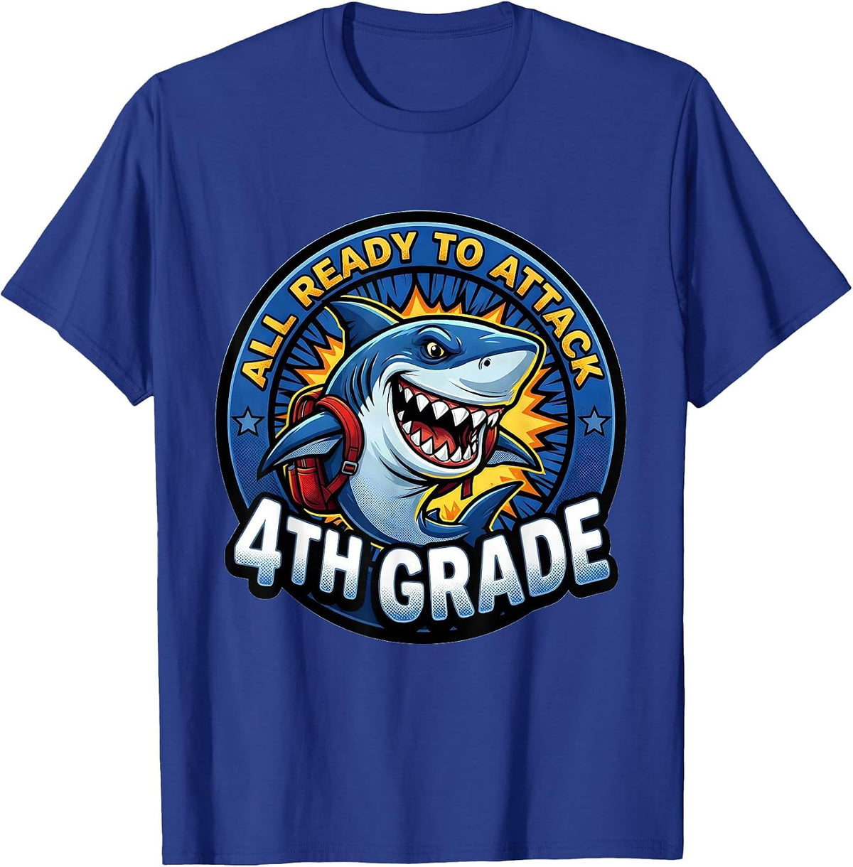 Men's All Ready To Attack 4th Grade Comic Book Shark Boys First T-Shirt - Royal Blue