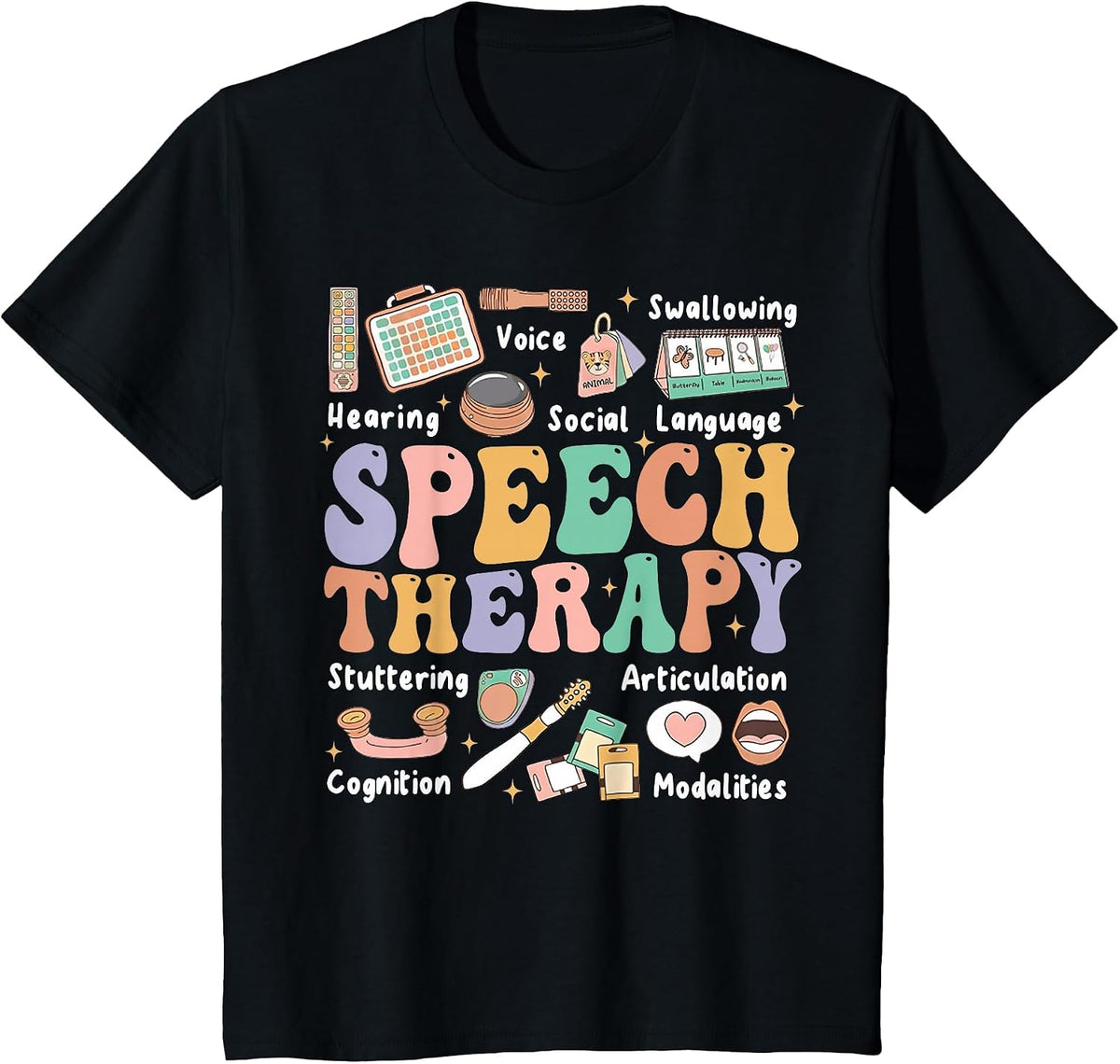 Speech Therapy Tee Retro Groovy Funny Therapist SLP AAC SLPA T-Shirt - Black