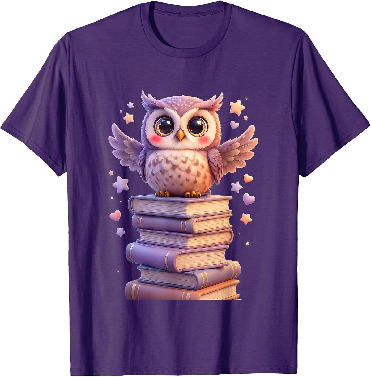 Men's Wise Owl Perched on Stack of Books Illustration T-Shirt - Purple