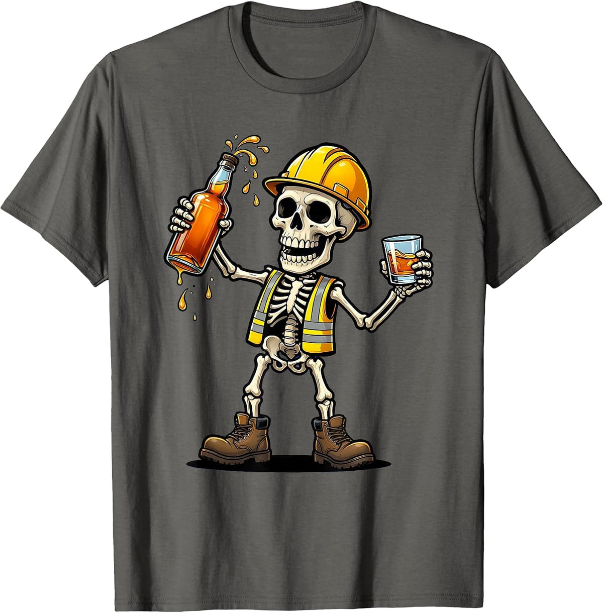 Skeleton Construction Worker Whiskey Labor Day T-Shirt - Asphalt Grey