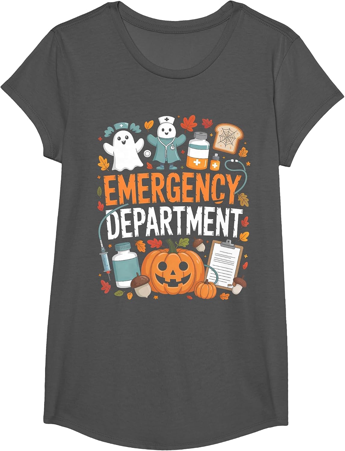 Emergency Department Funny ER Nurse Halloween Spooky Season T-Shirt - Girls Asphalt Grey