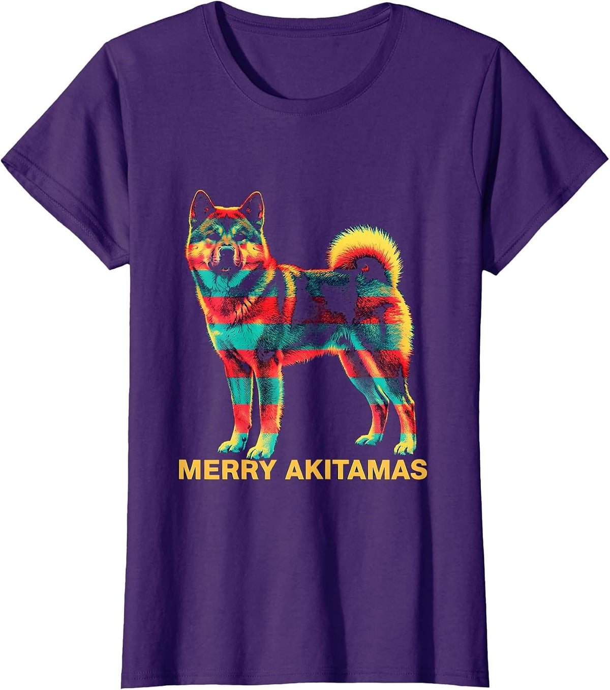 Women's Merry Akitamas Risograph Christmas Dog Breed Lover Novelty T-Shirt - Purple