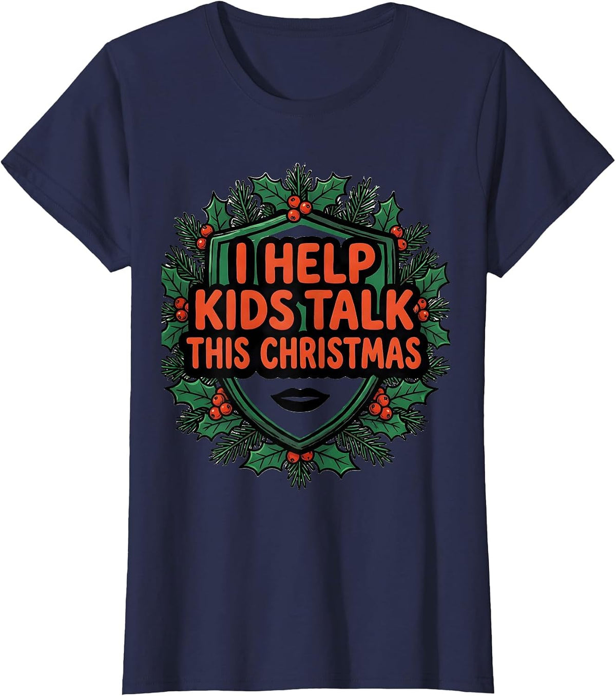 Women's I Help Kids Talk This Christmas Retro Speech Therapist SLP T-Shirt - Navy Blue