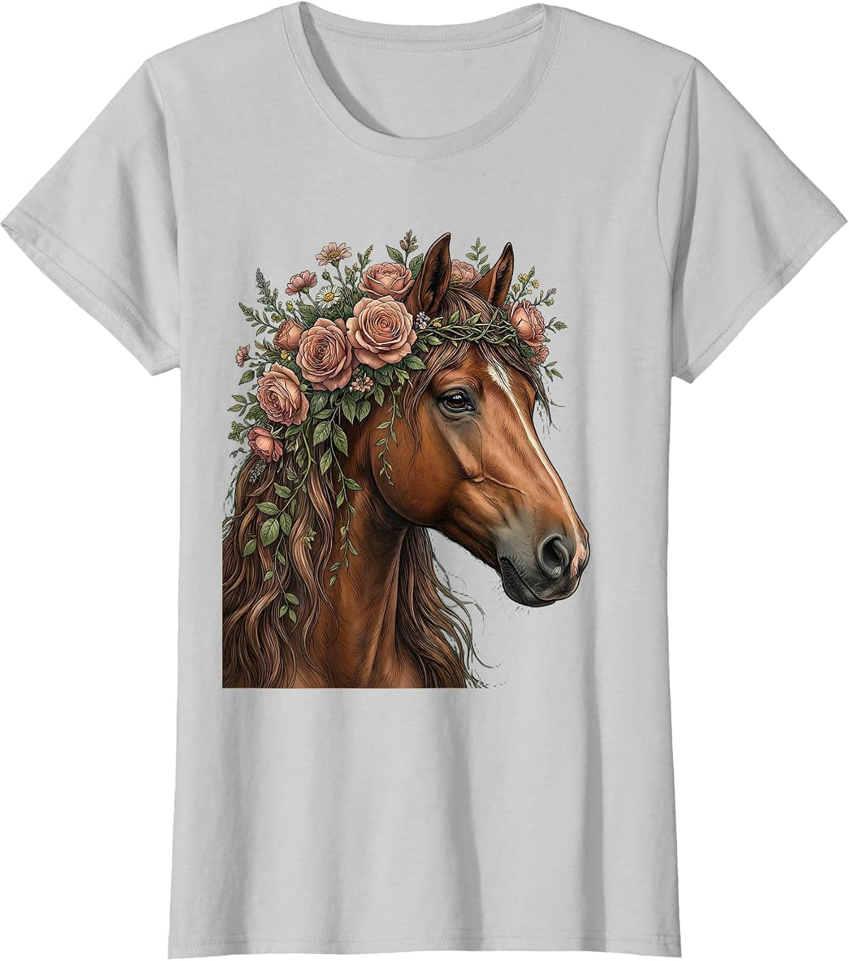Floral Crown Horse Profile Graphic Tee T-Shirt - Silver Grey