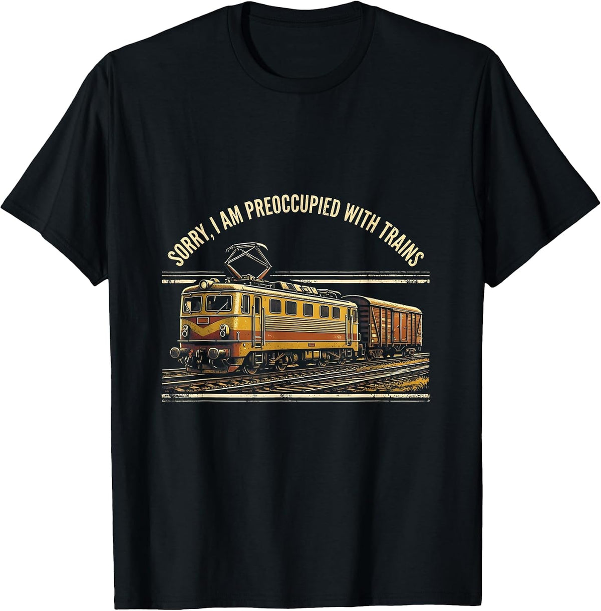 Men's Sorry, I Am Preoccupied With Trains Distressed Train T-Shirt - Black