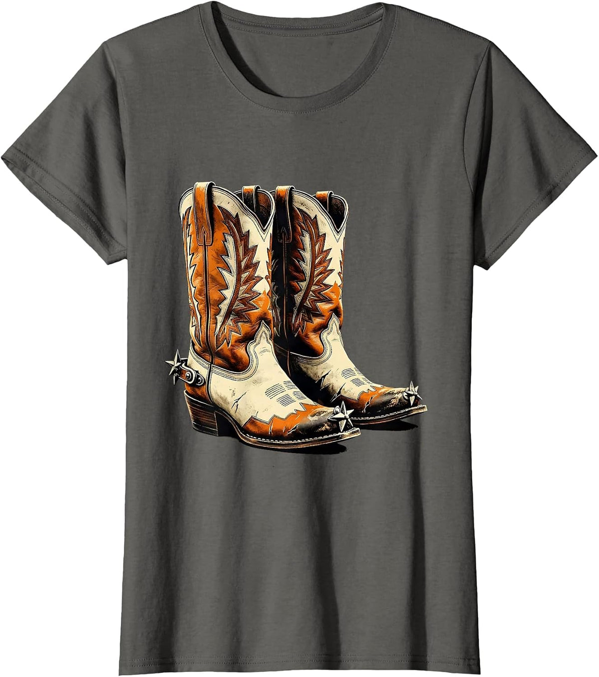 Women's Worn Cowboy Boots With Spurs Graphic T-Shirt - Asphalt Grey