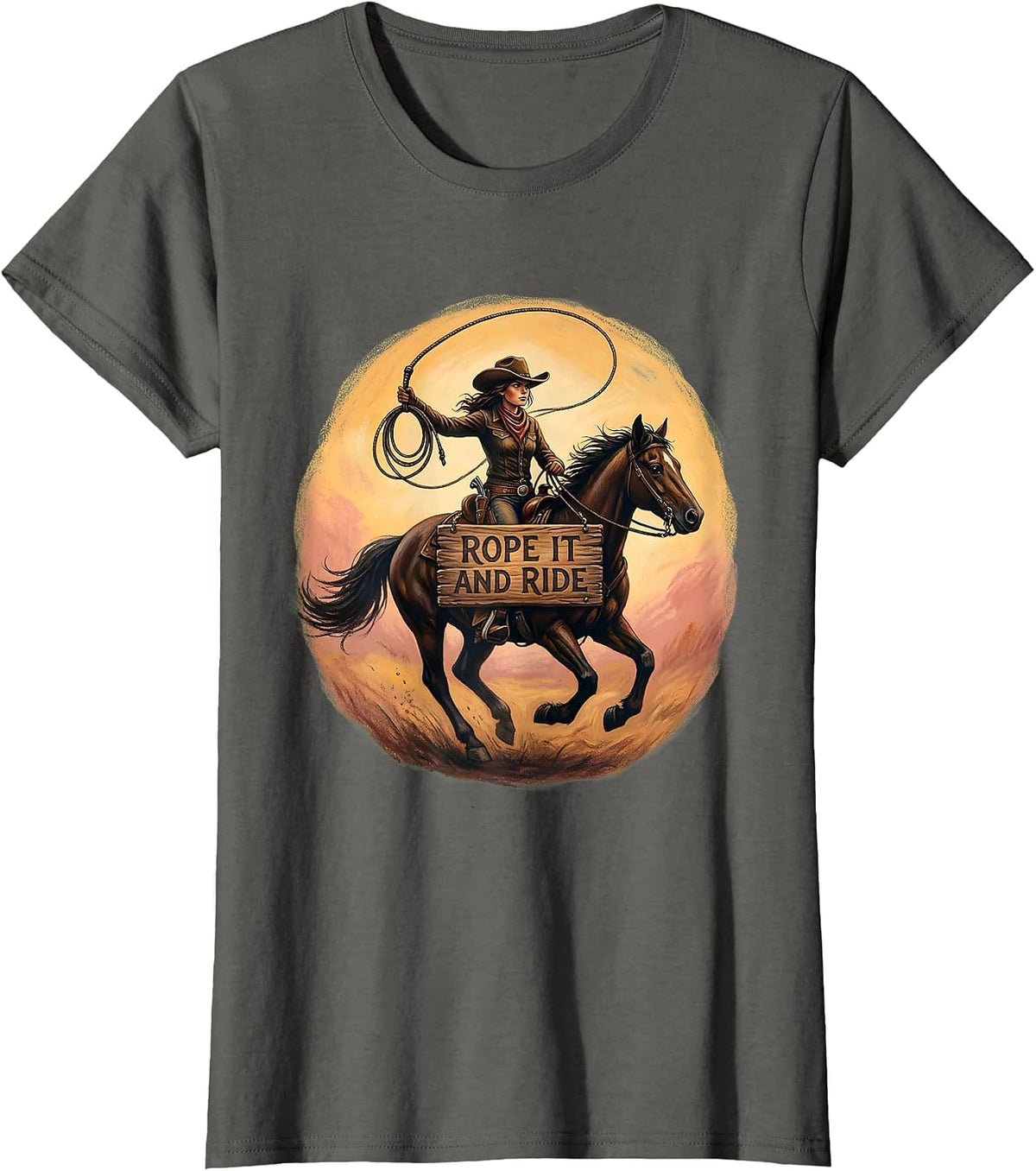 Women's Rope It and Ride Western Cowgirl Design T-Shirt - Asphalt Grey