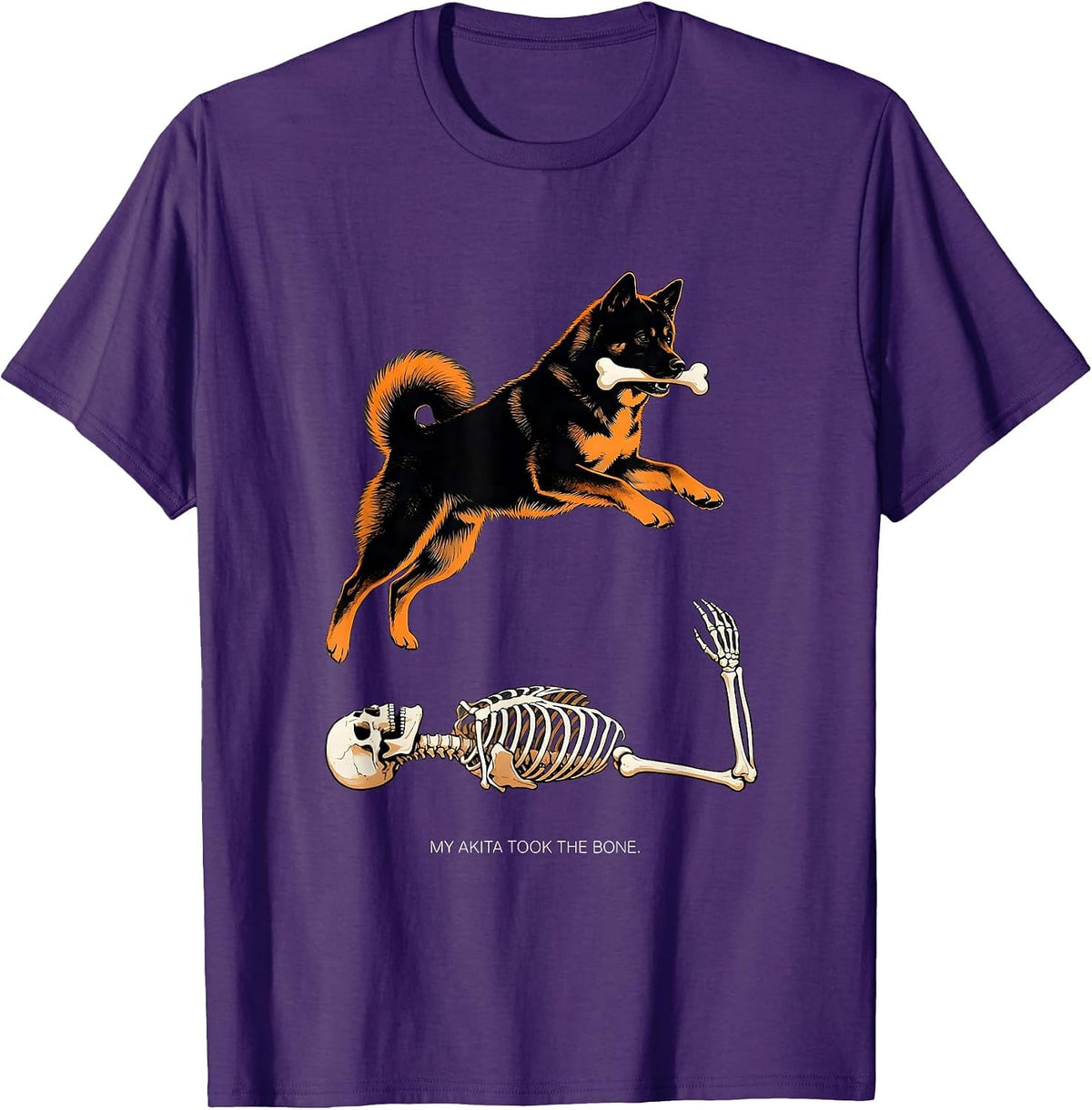 My Akita Took the Bone Funny Skeleton Chasing Dog Mom T-Shirt - Purple