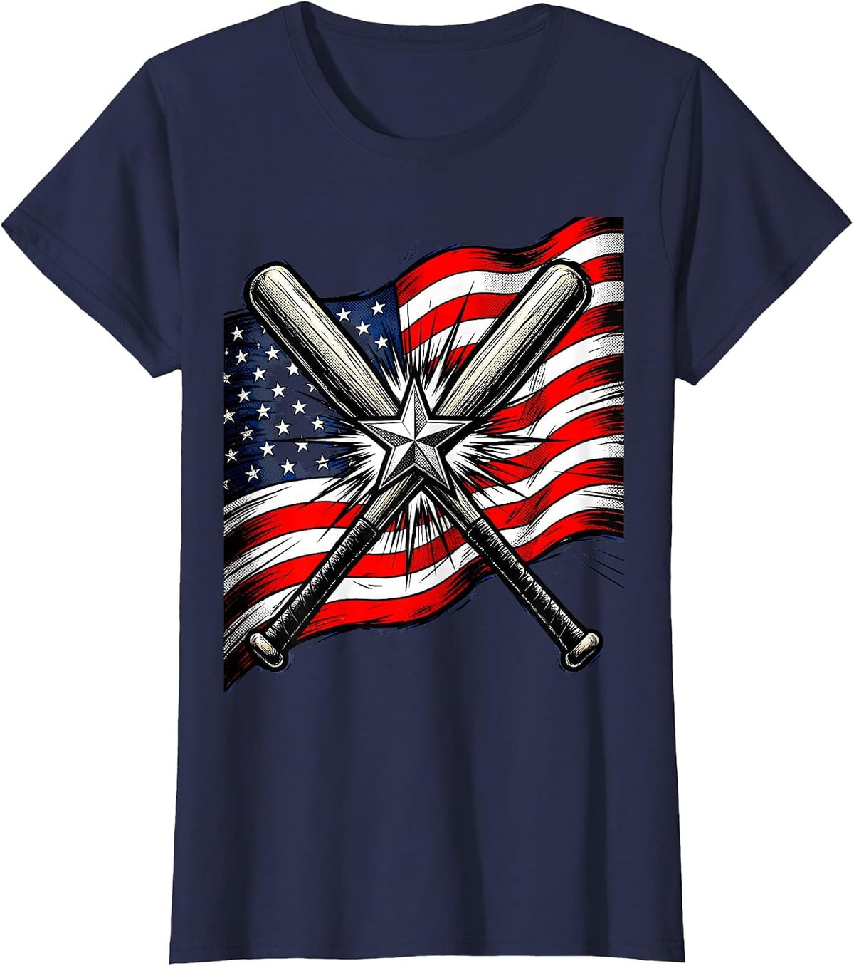 Women's Boys Red White and Blue Crossed Baseball Bats T-Shirt - Navy Blue