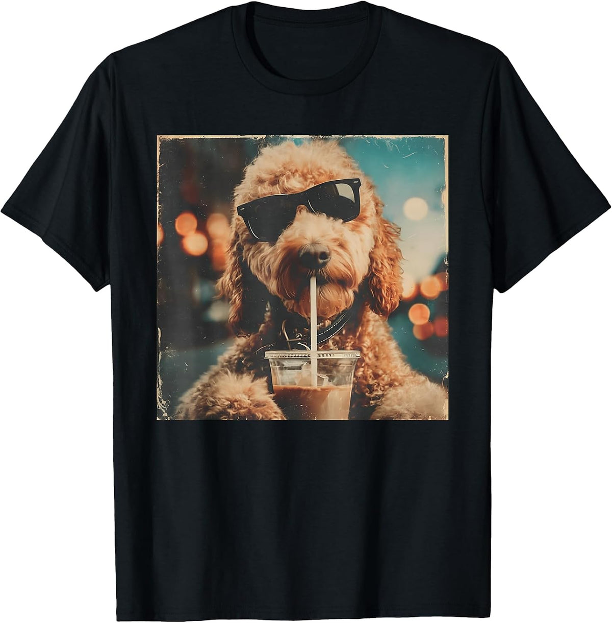 Funny Goldendoodle Drinking Iced Coffee Dog with Sunglasses T-Shirt - Black