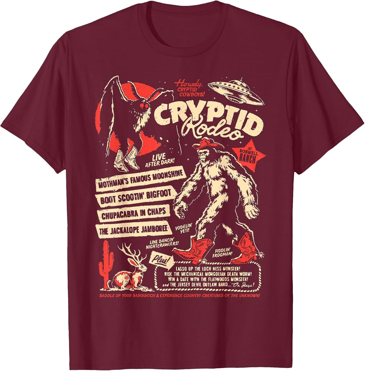 Cryptid Rodeo Mothman Chupacabra Jackalope Cowboy Halloween T-Shirt - Burgundy