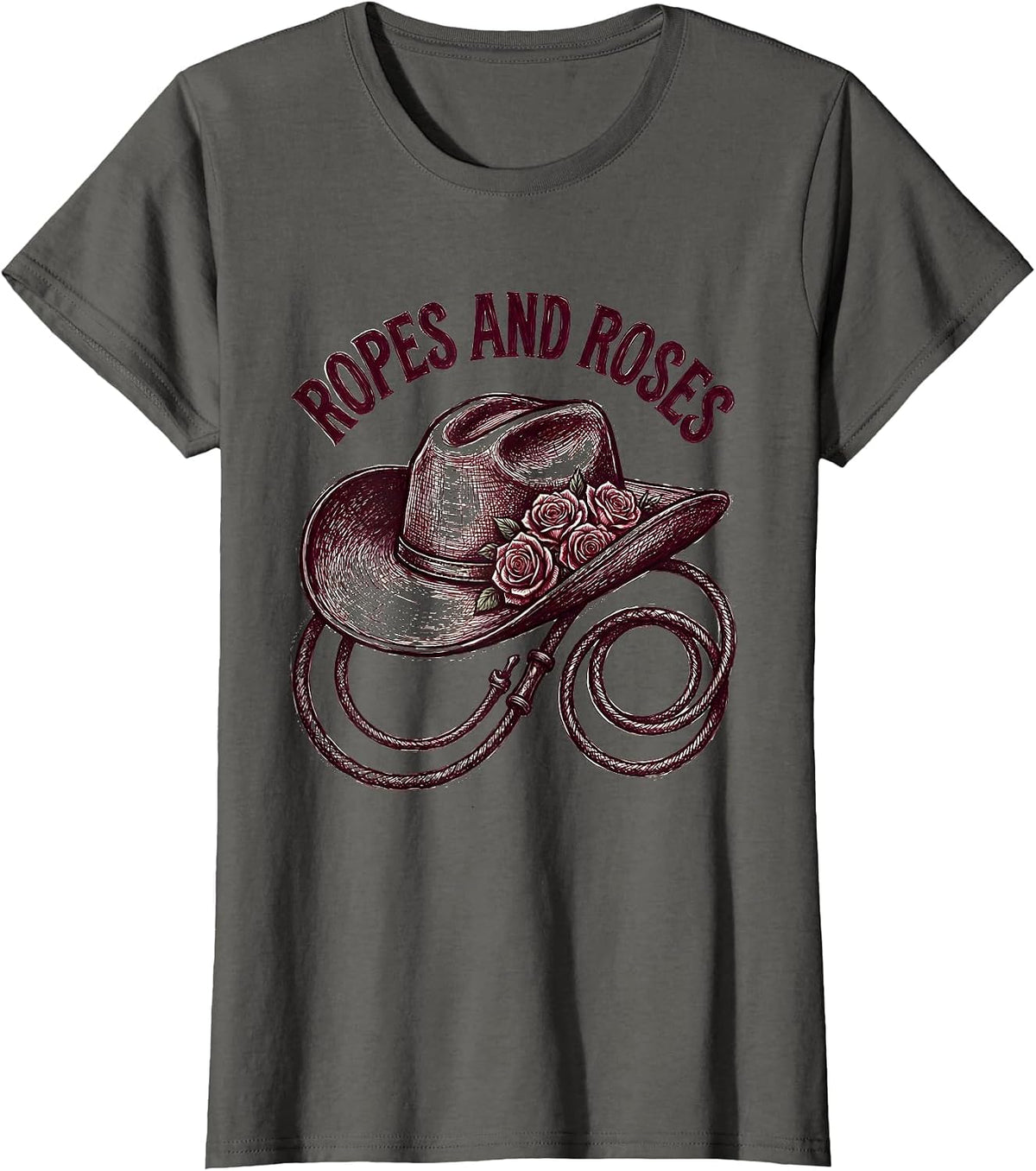 Women's Ropes and Roses Cowgirl Western Design T-Shirt - Asphalt Grey