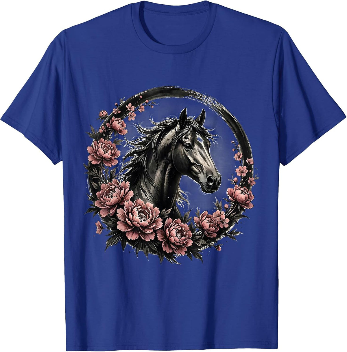 Floral Wreath Horse Portrait Graphic Design T-Shirt - Royal Blue