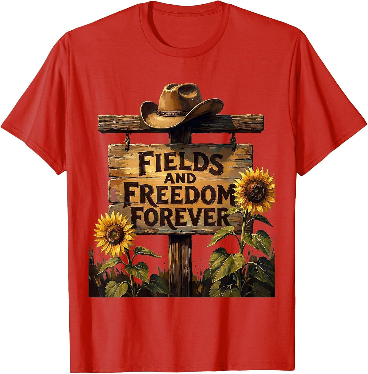 Men's Fields and Freedom Forever Cowgirl Design T-Shirt - Red
