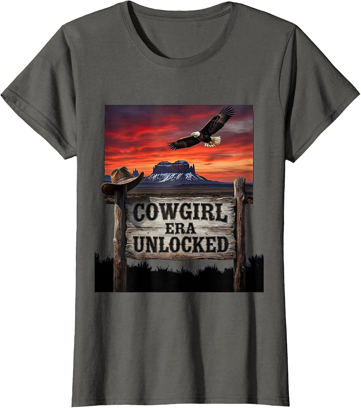 Women's Black Cowgirl Era Unlocked Western Design T-Shirt - Asphalt Grey