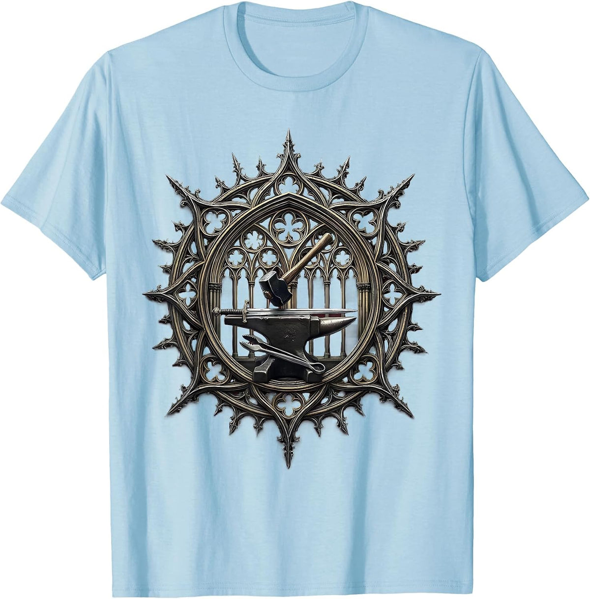 Men's Renaissance Blacksmith Forging Glowing Sword Anvil T-Shirt - Baby Blue